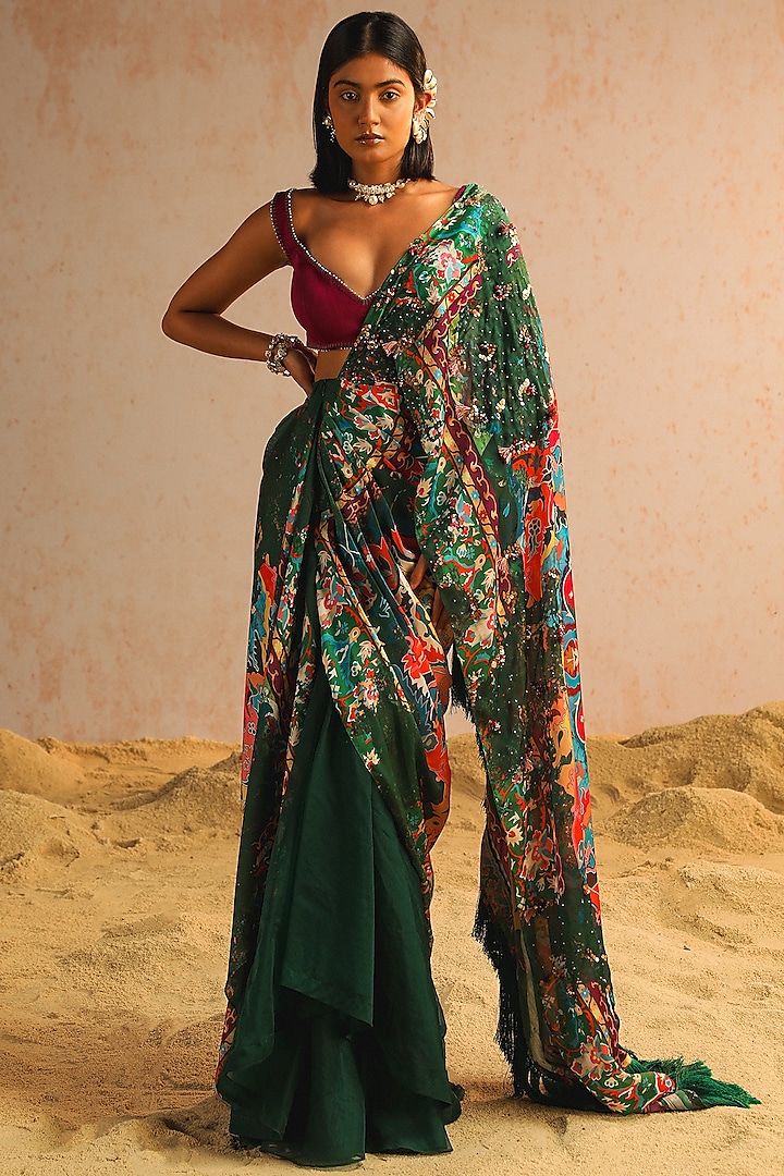 Green Georgette Satin & Organza Motif Printed Draped Saree Set by Aditi Gupta at Pernia's Pop Up Shop