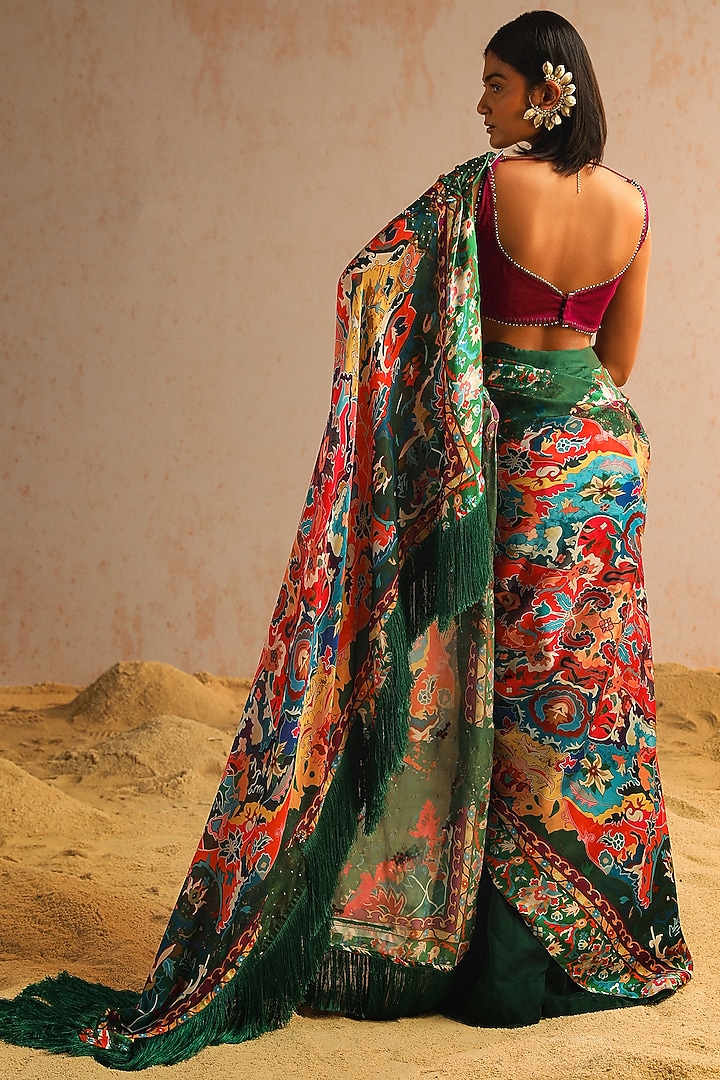 Green Georgette Satin & Organza Motif Printed Draped Wedding Saree Set by Aditi Gupta at Pernia's Pop Up Shop