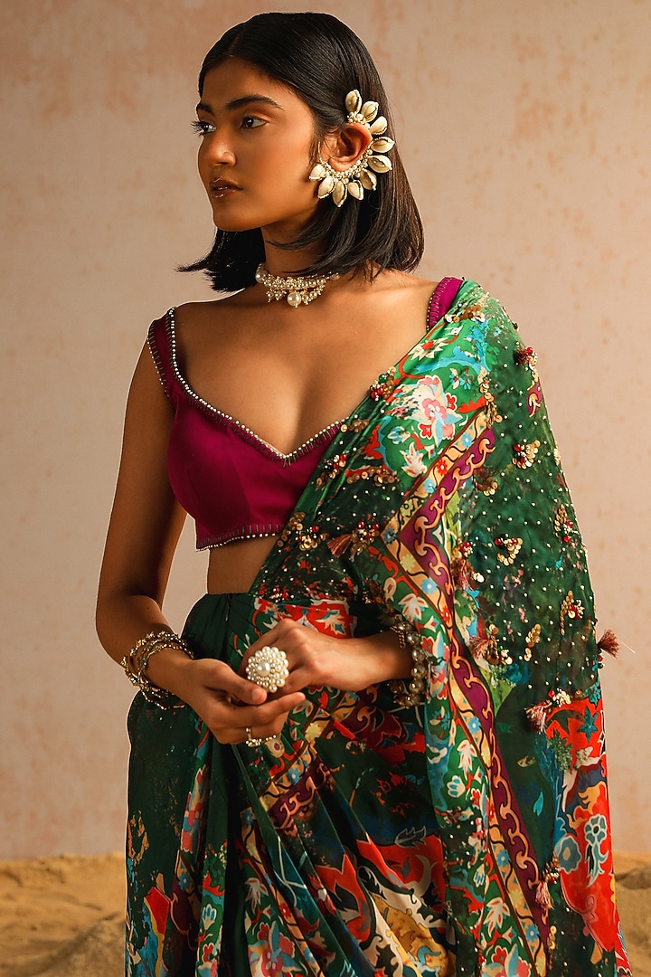 Green Georgette Satin & Organza Motif Printed Draped Wedding Saree Set by Aditi Gupta at Pernia's Pop Up Shop