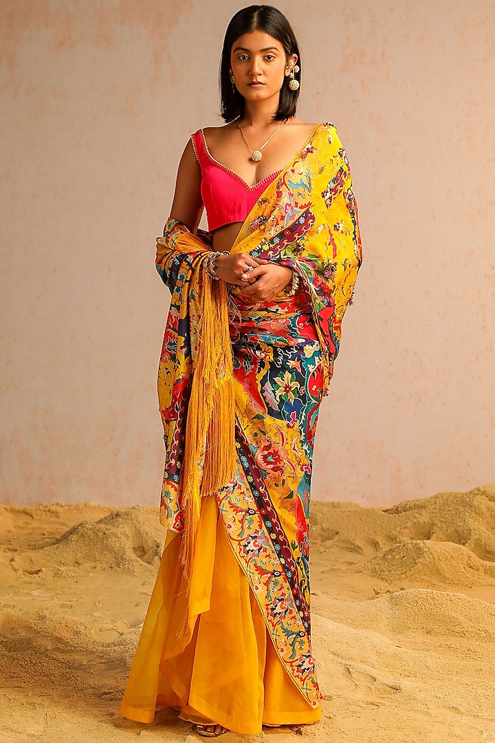 Yellow Georgette Satin & Organza Motif Printed Draped Saree Set by Aditi Gupta