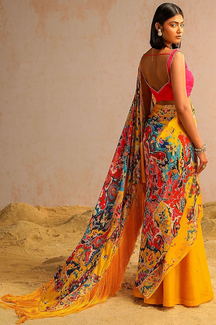 Yellow Georgette Satin & Organza Motif Printed Draped Wedding Saree Set by Aditi Gupta at Pernia's Pop Up Shop