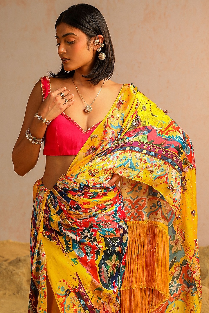 Yellow Georgette Satin & Organza Motif Printed Draped Wedding Saree Set by Aditi Gupta at Pernia's Pop Up Shop