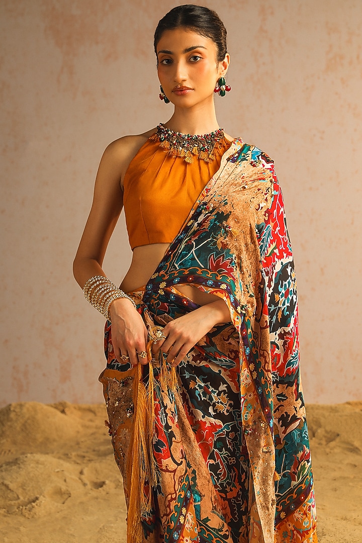 Mustard Yellow Georgette Satin Motif Printed Draped Wedding Saree Set by Aditi Gupta at Pernia's Pop Up Shop