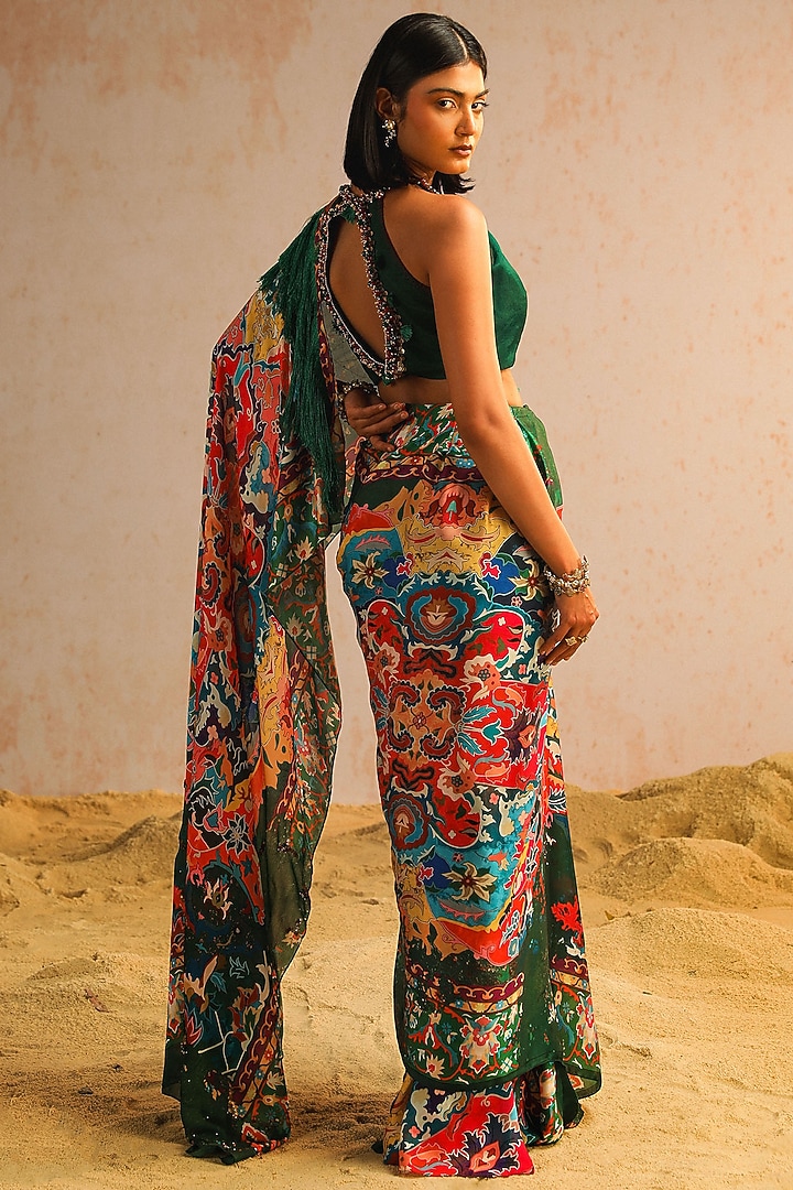 Green Georgette Satin Motif Printed Draped Wedding Saree Set by Aditi Gupta at Pernia's Pop Up Shop