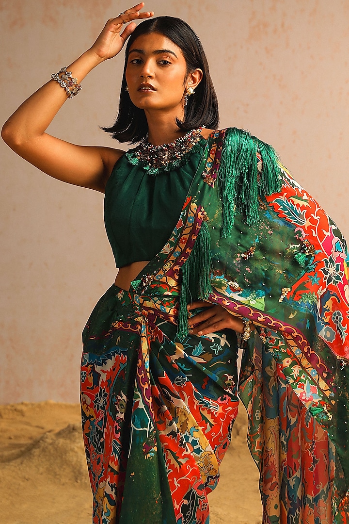 Green Georgette Satin Motif Printed Draped Wedding Saree Set by Aditi Gupta at Pernia's Pop Up Shop