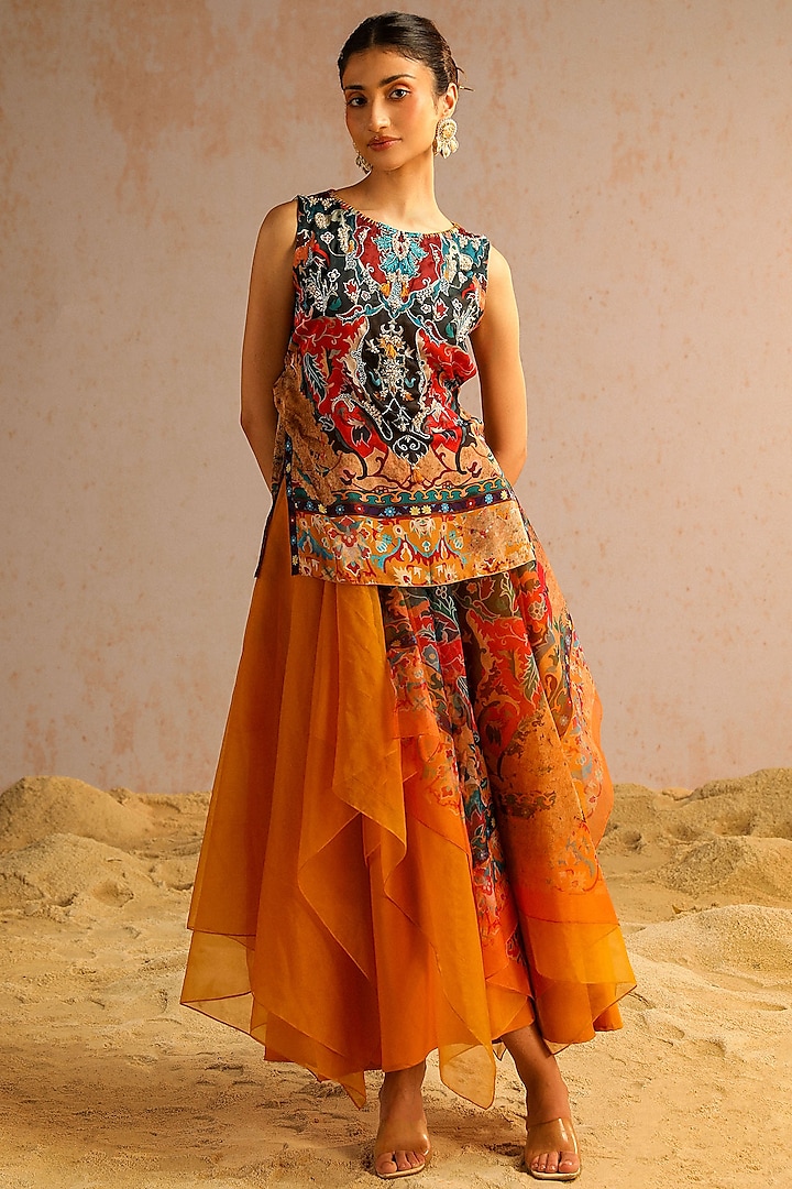 Mustard Yellow Georgette Satin & Organza Layered Skirt Set by Aditi Gupta