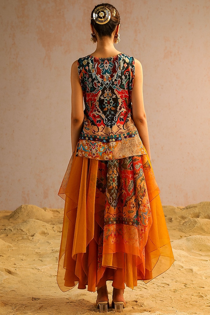 Mustard Yellow Georgette Satin & Organza Layered Skirt Set by Aditi Gupta at Pernia's Pop Up Shop