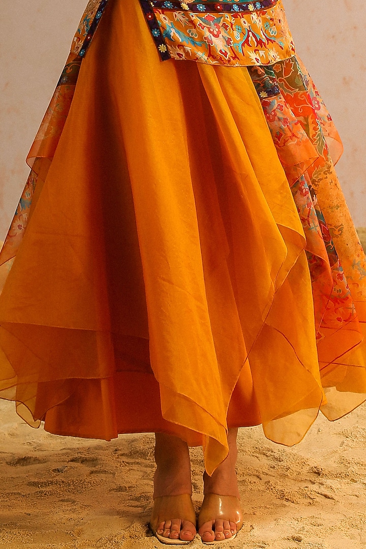 Mustard Yellow Georgette Satin & Organza Layered Skirt Set by Aditi Gupta at Pernia's Pop Up Shop