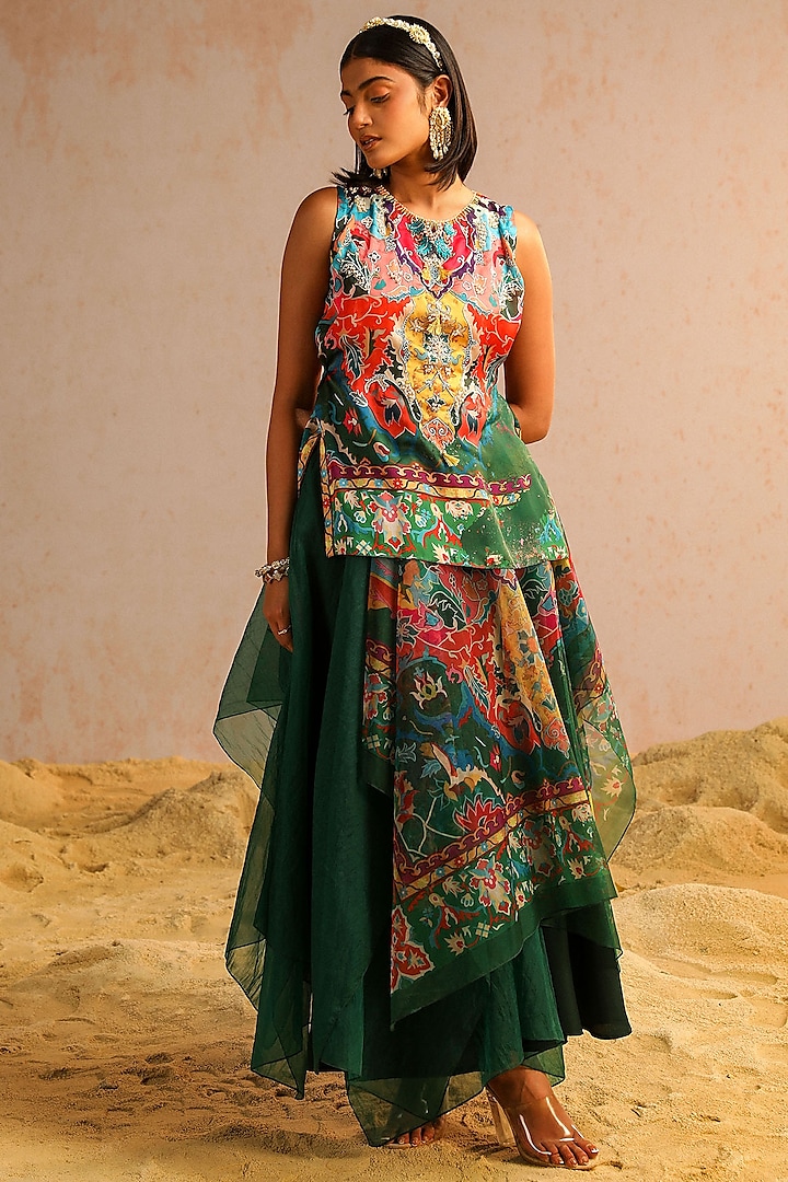 Green Georgette Satin & Organza Layered Skirt Set by Aditi Gupta at Pernia's Pop Up Shop