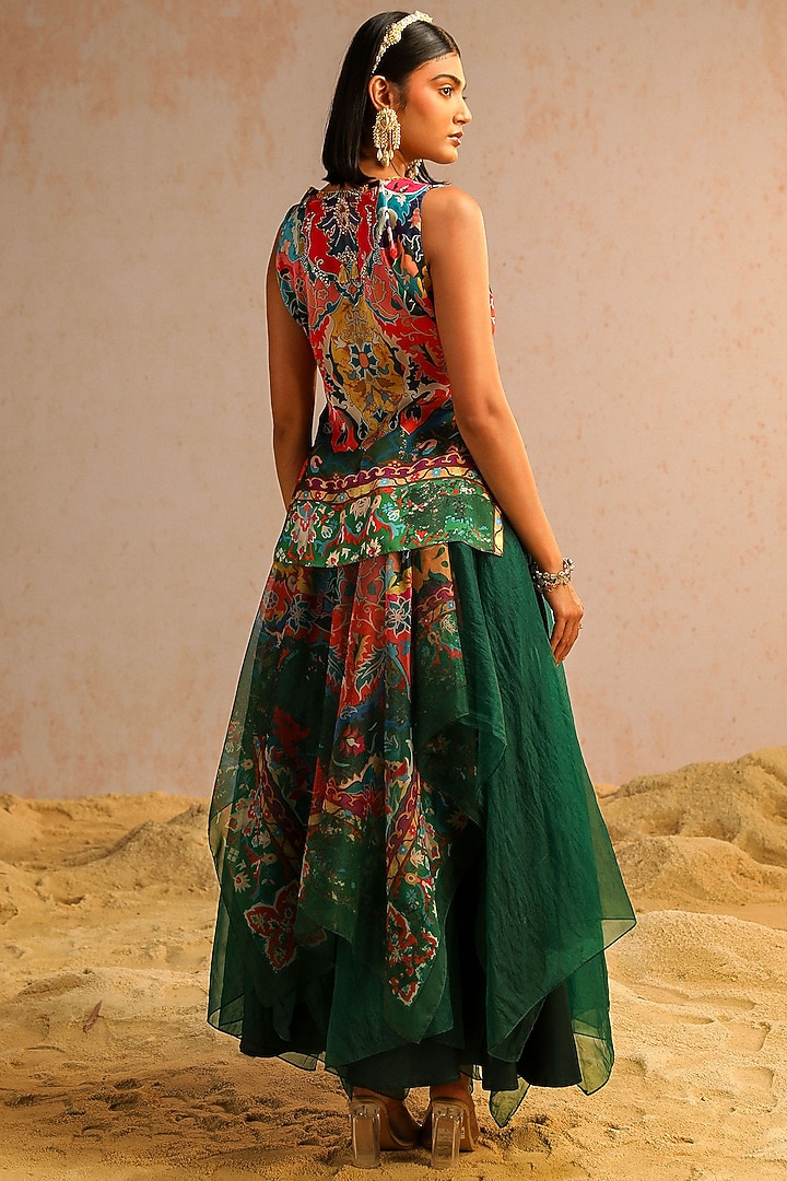 Green Georgette Satin & Organza Layered Skirt Set by Aditi Gupta at Pernia's Pop Up Shop