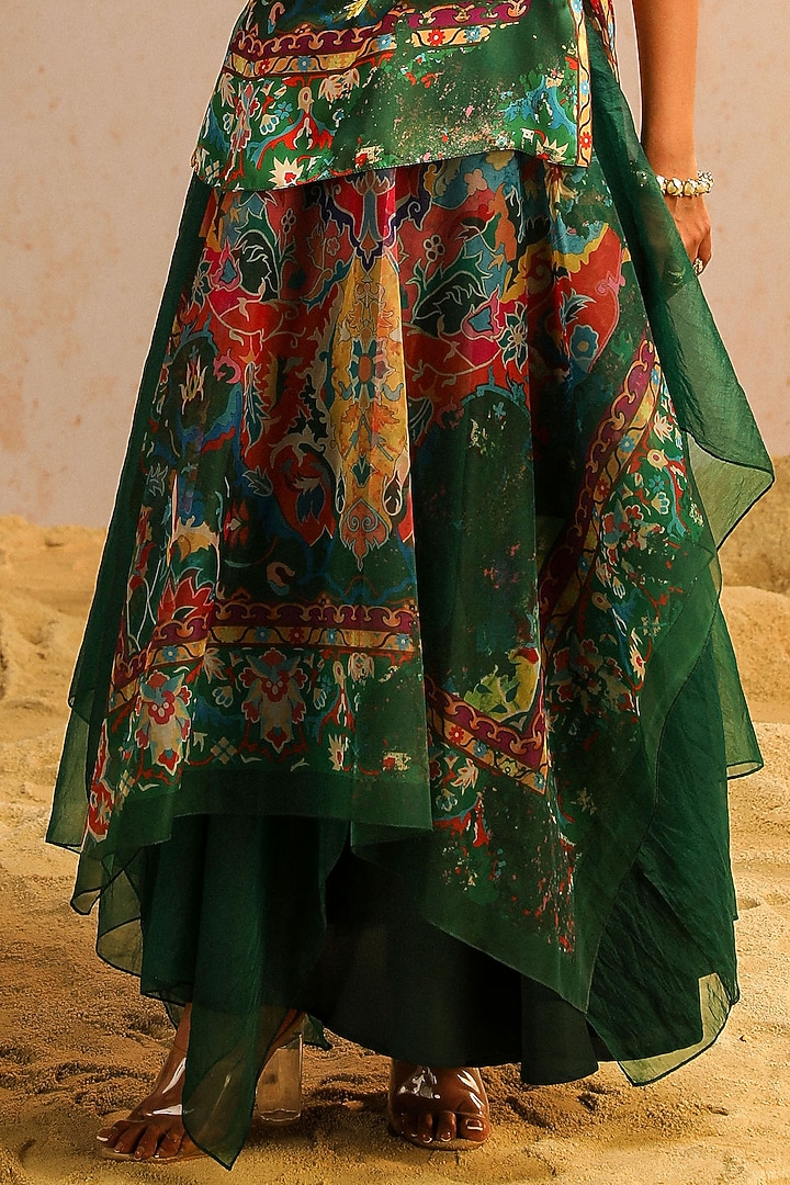Green Georgette Satin & Organza Layered Skirt Set by Aditi Gupta at Pernia's Pop Up Shop