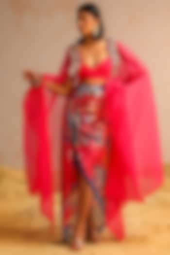 Hot Pink Organza Sequins Work Cape Set by Aditi Gupta at Pernia's Pop Up Shop