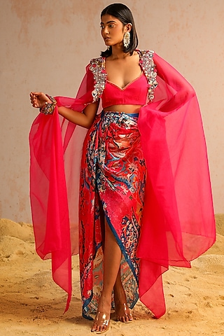 Hot Pink Organza Sequins Work Cape Set by Aditi Gupta