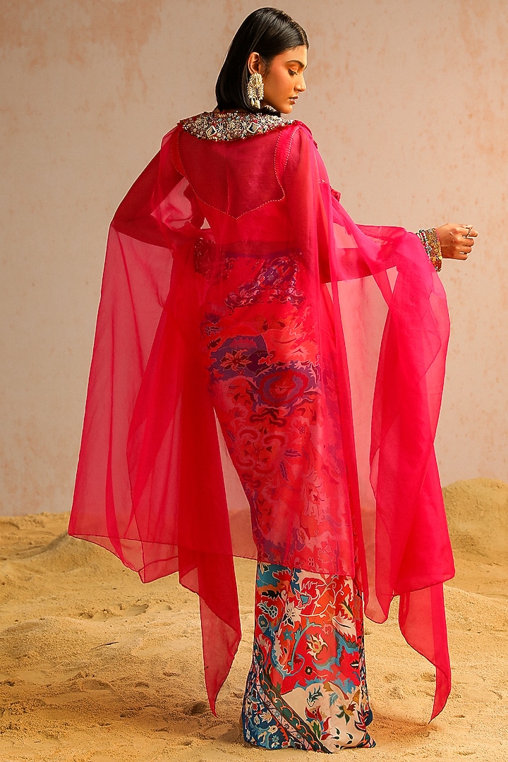 Hot Pink Organza Sequins Work Cape Set by Aditi Gupta at Pernia's Pop Up Shop