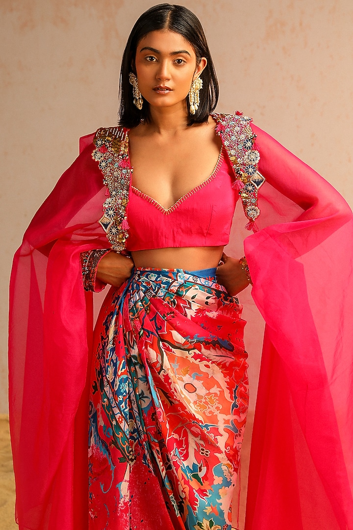 Hot Pink Organza Sequins Work Cape Set by Aditi Gupta at Pernia's Pop Up Shop