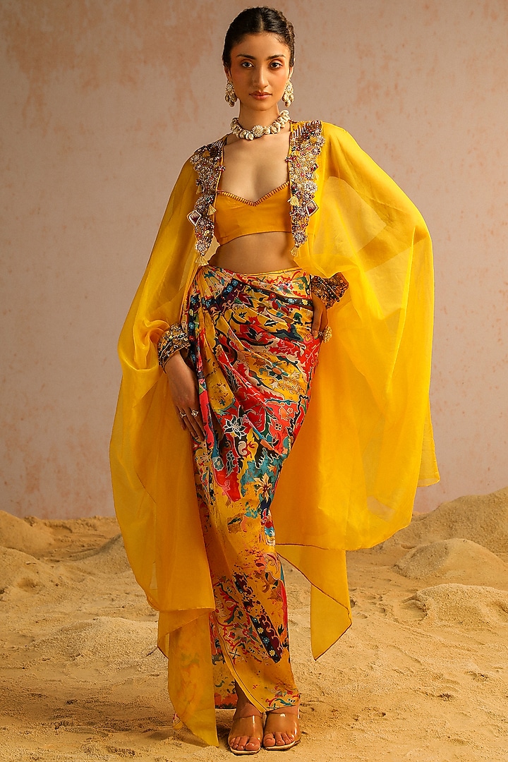 Yellow Organza Sequins Work Cape Set by Aditi Gupta