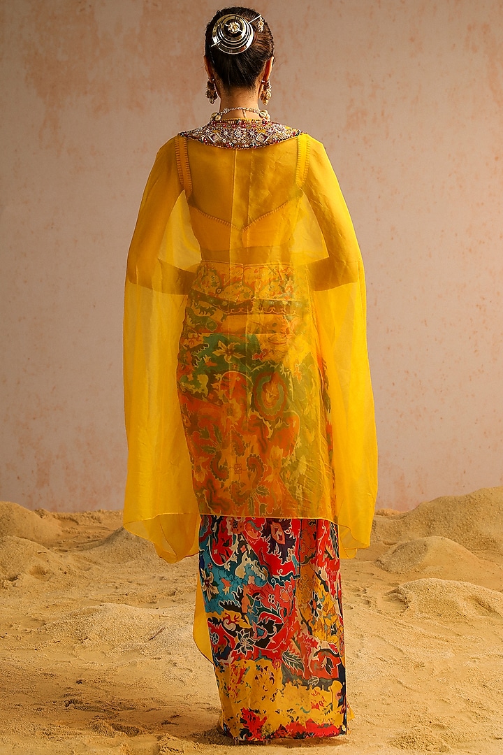 Yellow Organza Sequins Work Cape Set by Aditi Gupta at Pernia's Pop Up Shop