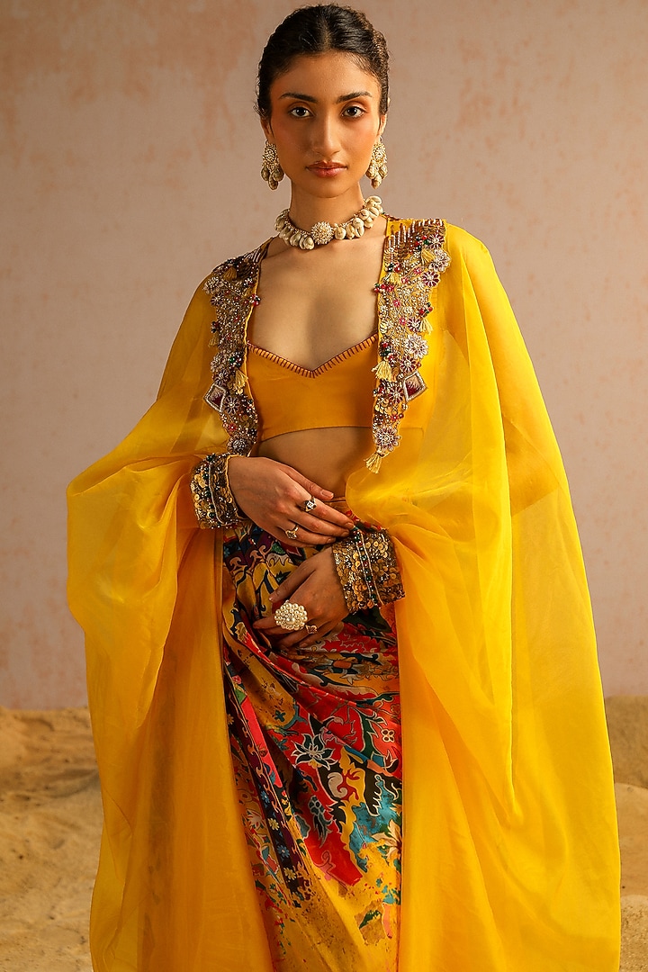 Yellow Organza Sequins Work Cape Set by Aditi Gupta at Pernia's Pop Up Shop