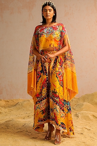Yellow Organza Sequins Work Cape Set by Aditi Gupta