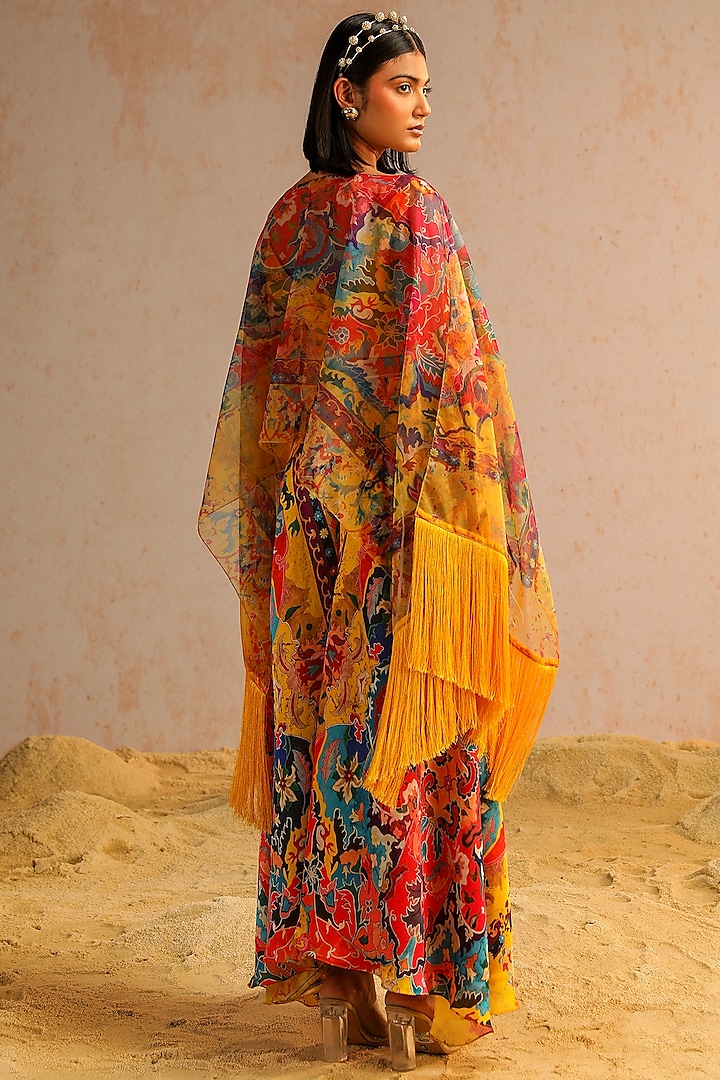 Yellow Organza Sequins Work Cape Set by Aditi Gupta at Pernia's Pop Up Shop