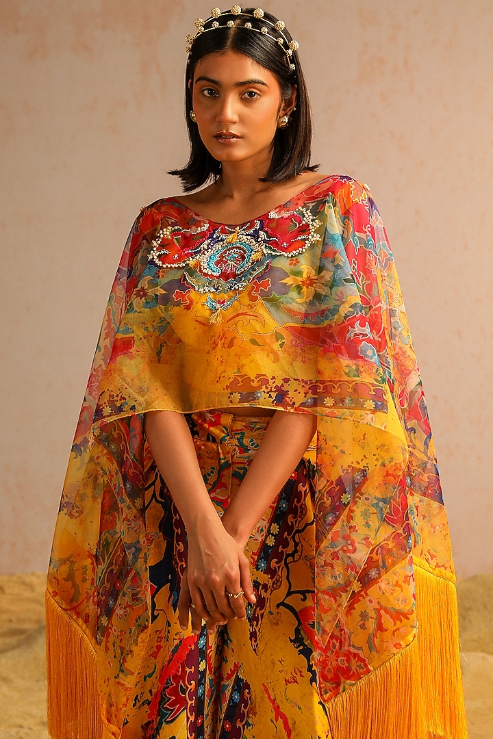Yellow Organza Sequins Work Cape Set by Aditi Gupta at Pernia's Pop Up Shop