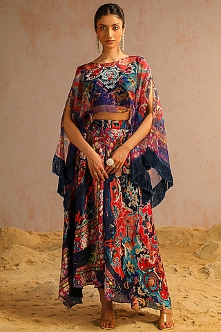 Blue Organza Sequins Work Cape Set by Aditi Gupta