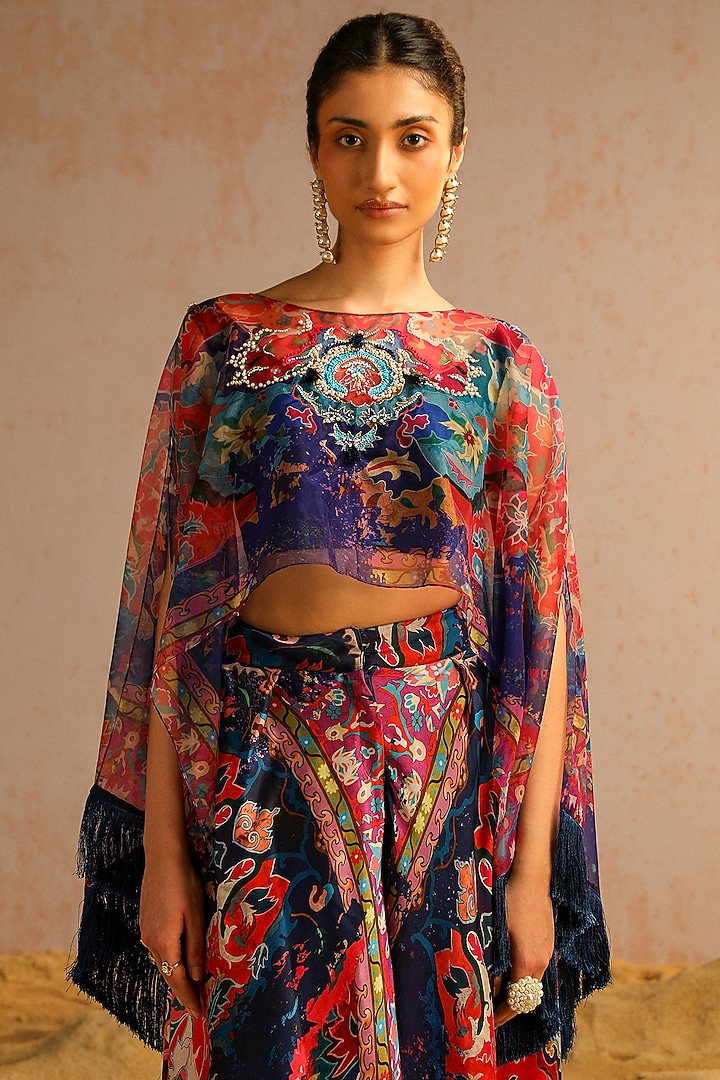 Blue Organza Sequins Work Cape Set by Aditi Gupta at Pernia's Pop Up Shop