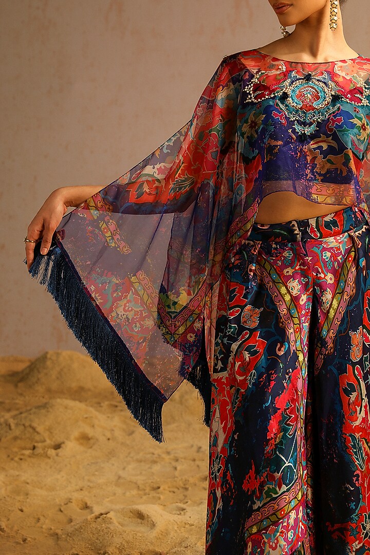 Blue Organza Sequins Work Cape Set by Aditi Gupta at Pernia's Pop Up Shop