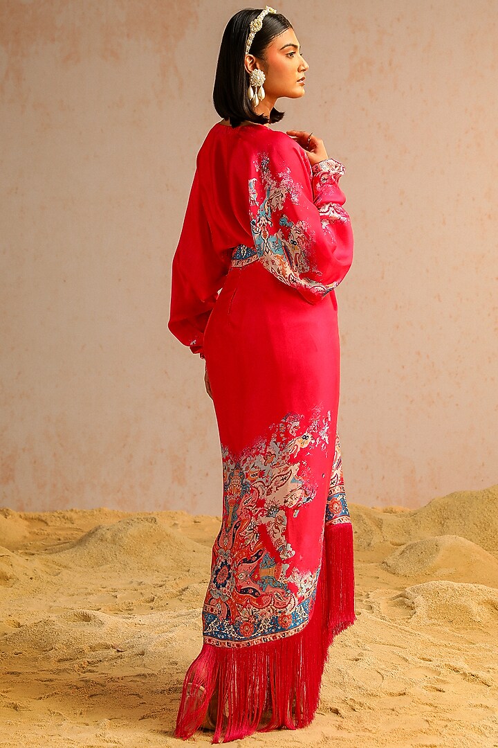 Hot Pink Georgette Satin Motif Printed Draped Skirt Set by Aditi Gupta at Pernia's Pop Up Shop