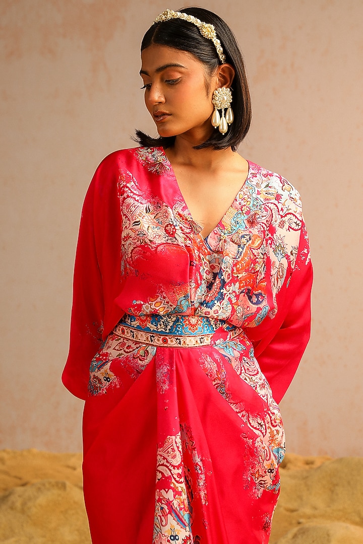 Hot Pink Georgette Satin Motif Printed Draped Skirt Set by Aditi Gupta at Pernia's Pop Up Shop