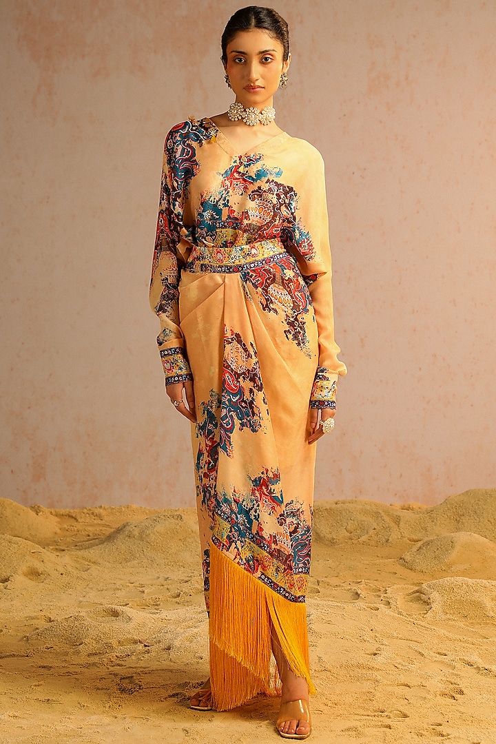 Beige Georgette Satin Motif Printed Draped Skirt Set by Aditi Gupta