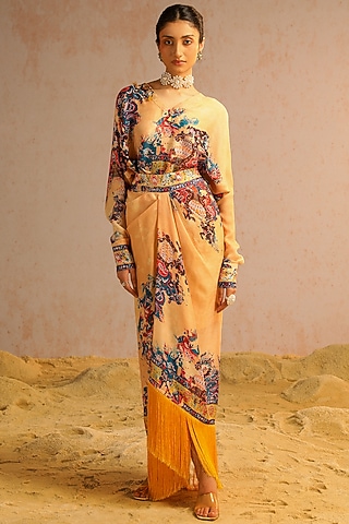 Beige Georgette Satin Motif Printed Draped Skirt Set by Aditi Gupta