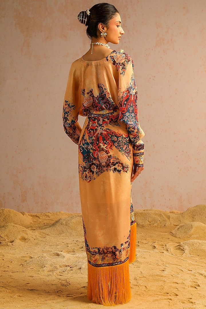Beige Georgette Satin Motif Printed Draped Skirt Set by Aditi Gupta at Pernia's Pop Up Shop