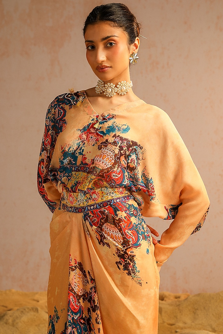 Beige Georgette Satin Motif Printed Draped Skirt Set by Aditi Gupta at Pernia's Pop Up Shop