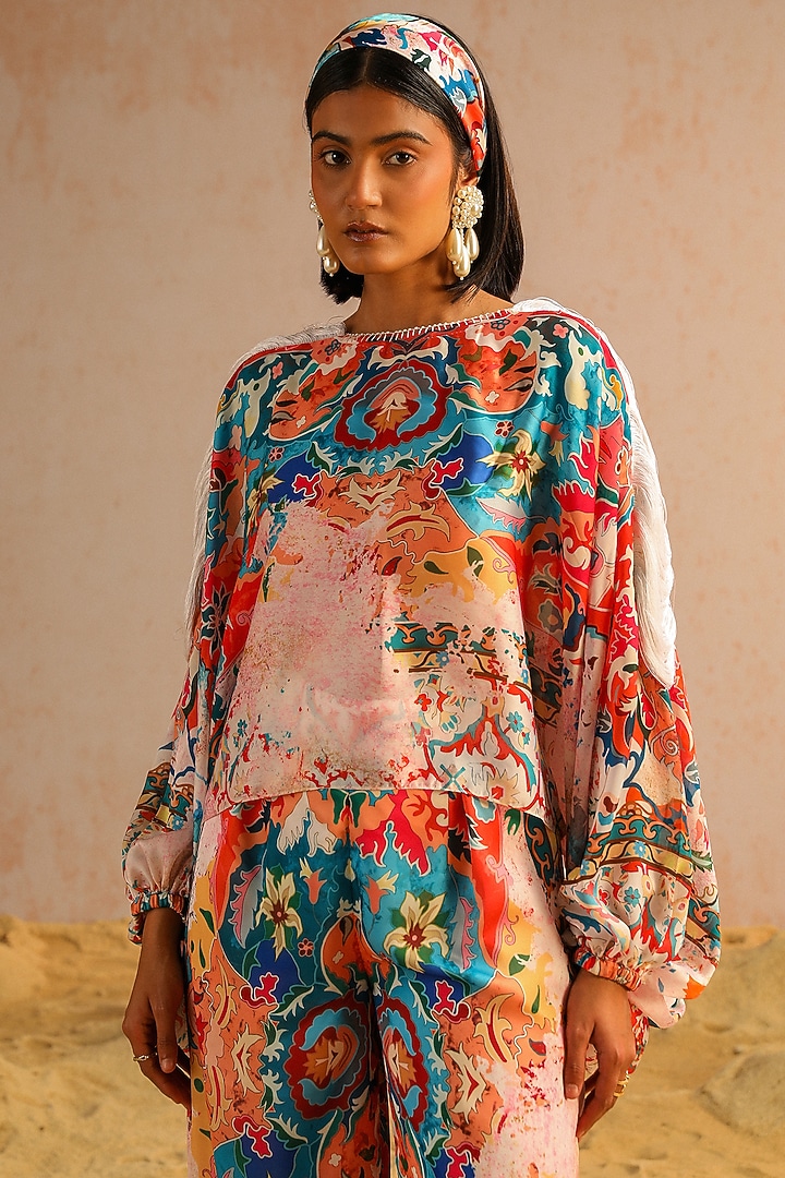 Ivory Georgette Satin Motif Printed Pant Set by Aditi Gupta at Pernia's Pop Up Shop