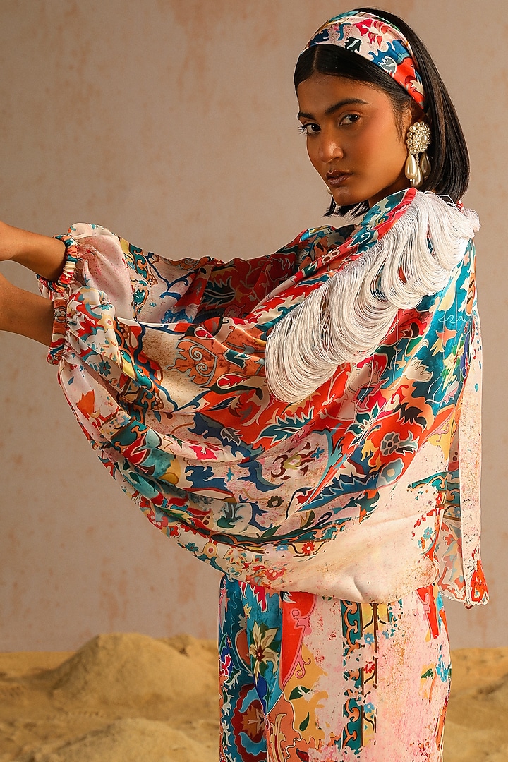 Ivory Georgette Satin Motif Printed Pant Set by Aditi Gupta at Pernia's Pop Up Shop