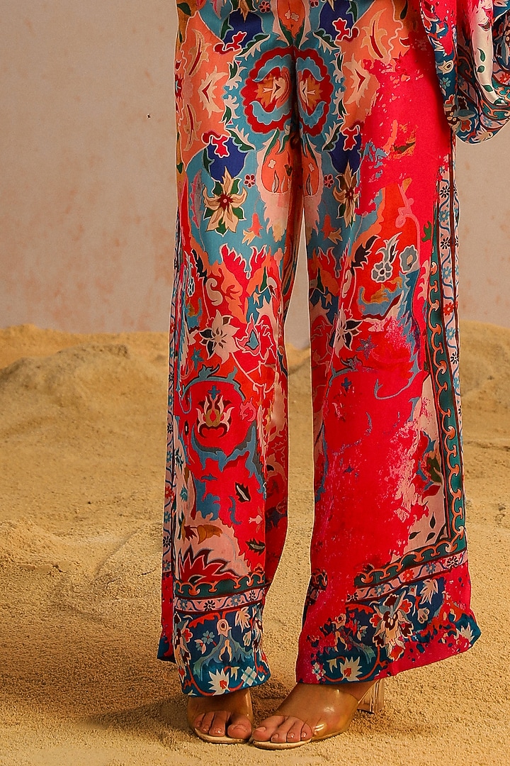 Hot Pink Georgette Satin Motif Printed Pant Set by Aditi Gupta at Pernia's Pop Up Shop