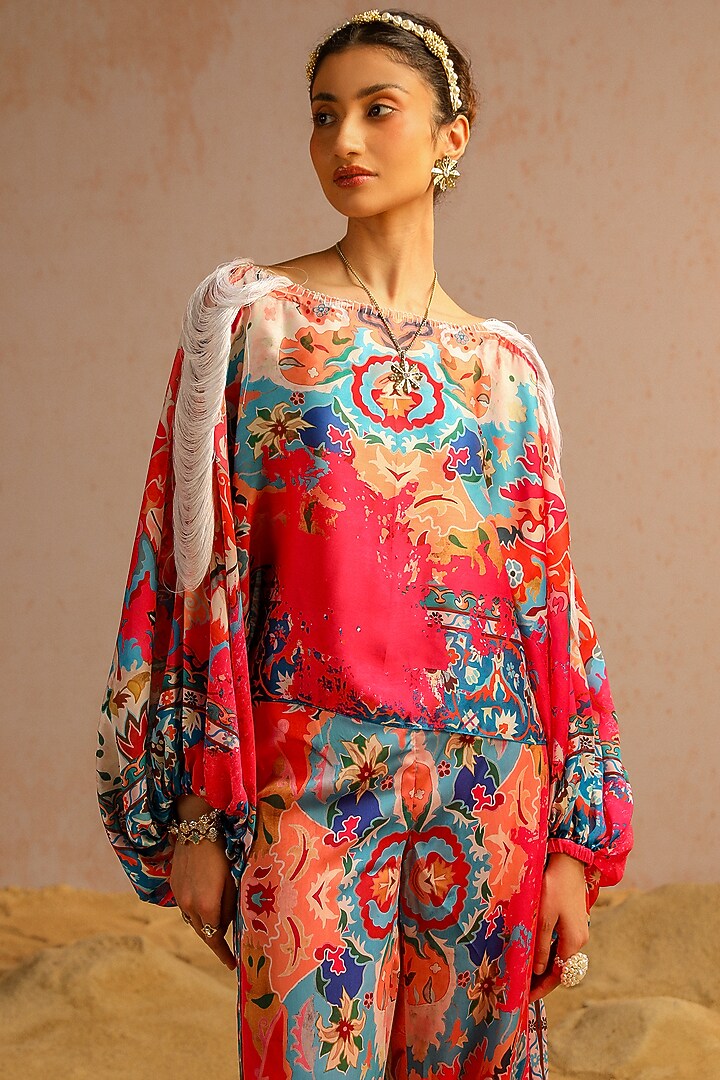 Hot Pink Georgette Satin Motif Printed Pant Set by Aditi Gupta at Pernia's Pop Up Shop
