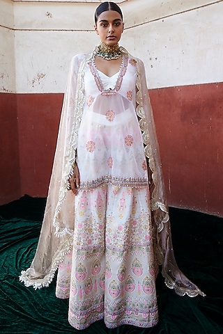 Ivory Chanderi Silk Banarsi Sharara Set by Aditi Gupta
