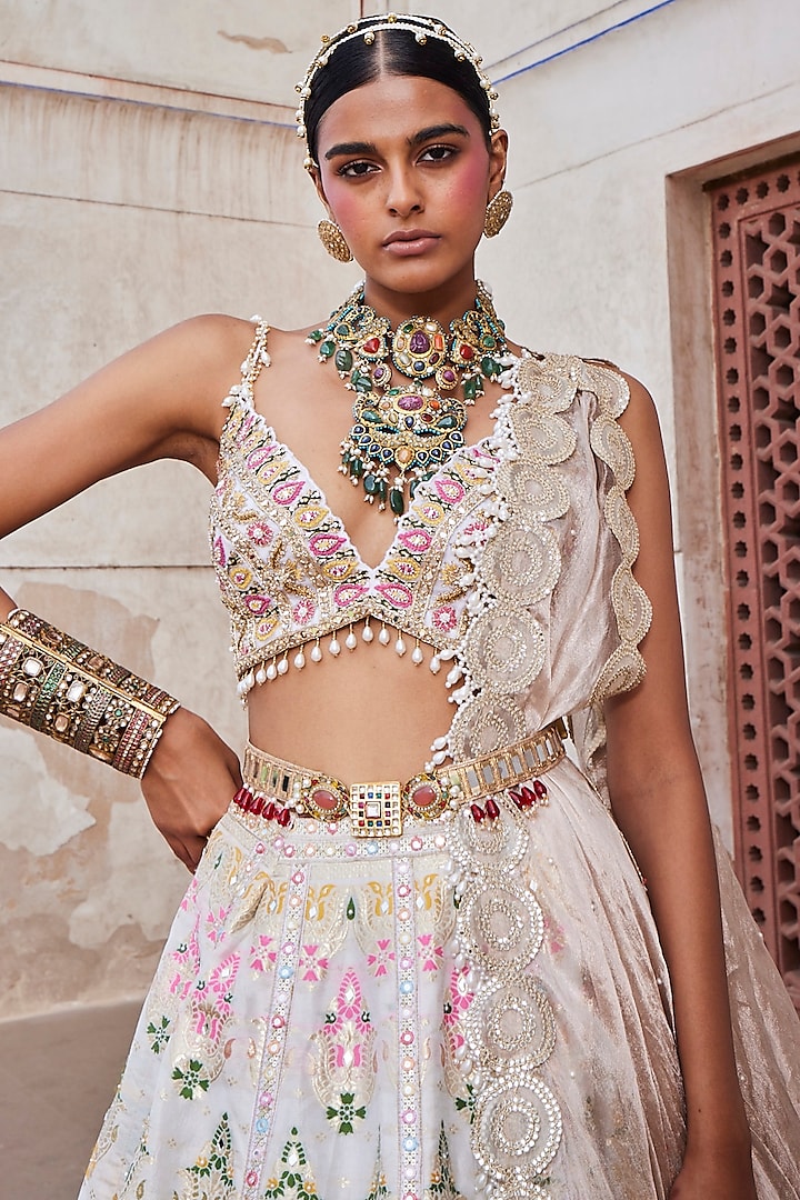 Ivory Chanderi Silk Banarsi Wedding Lehenga Set by Aditi Gupta at Pernia's Pop Up Shop