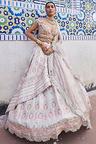 Ivory Chanderi Banarsi Lehenga Set by Aditi Gupta