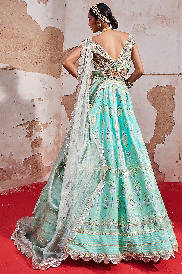 Turquoise Chanderi Banarsi Wedding Lehenga Set by Aditi Gupta at Pernia's Pop Up Shop