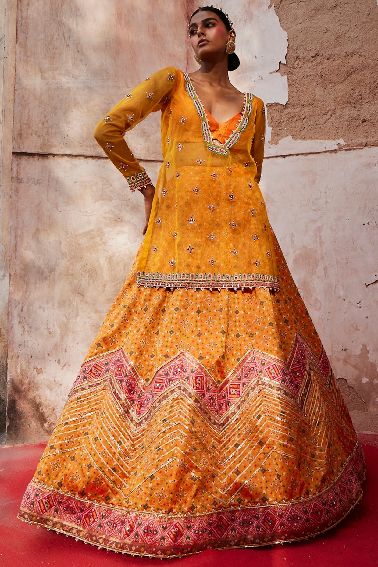Mustard Woven Silk Embellished Lehenga Set Design by Aditi Gupta