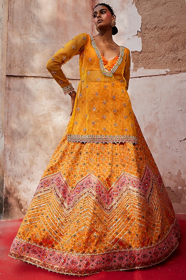 Mustard Woven Silk Embellished Lehenga Set by Aditi Gupta