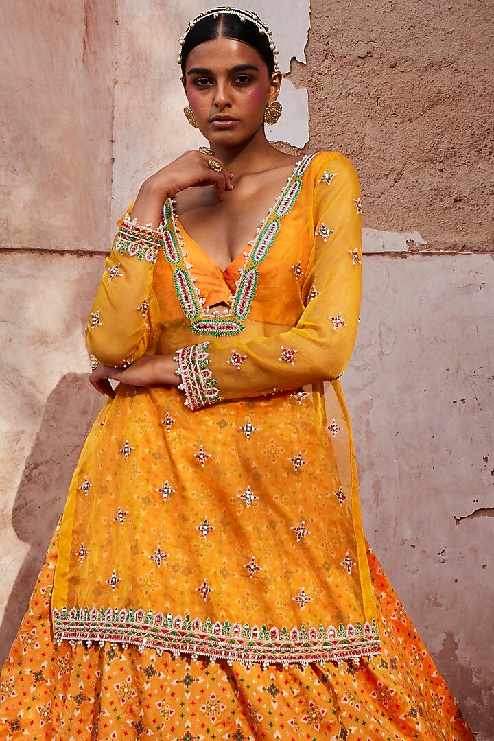 Mustard Woven Silk Embellished Wedding Lehenga Set by Aditi Gupta at Pernia's Pop Up Shop