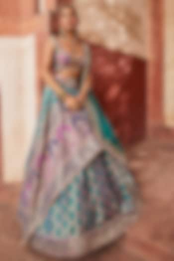 Teal Woven Silk Banarasi Lehenga Set by Aditi Gupta