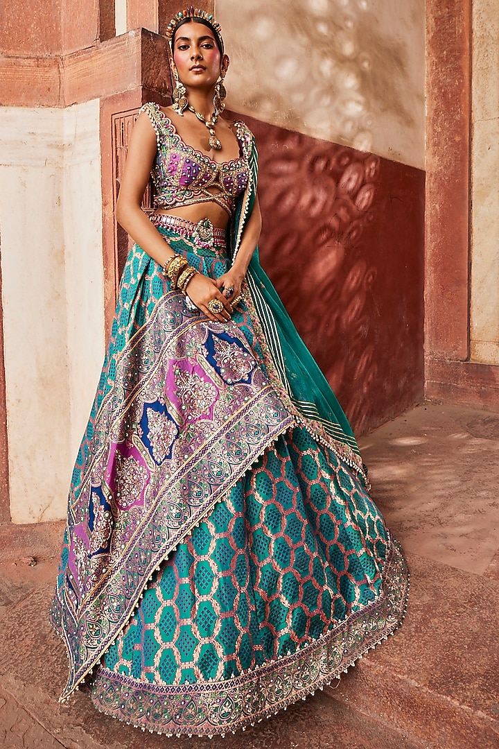 Teal Woven Silk Banarasi Lehenga Set by Aditi Gupta