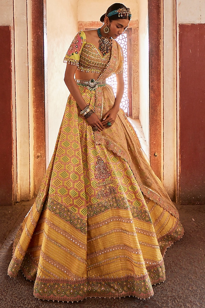 Yellow Woven Silk Banarasi Lehenga Set by Aditi Gupta