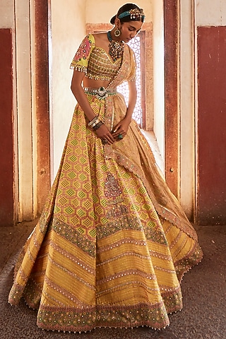 Yellow Woven Silk Banarasi Lehenga Set by Aditi Gupta