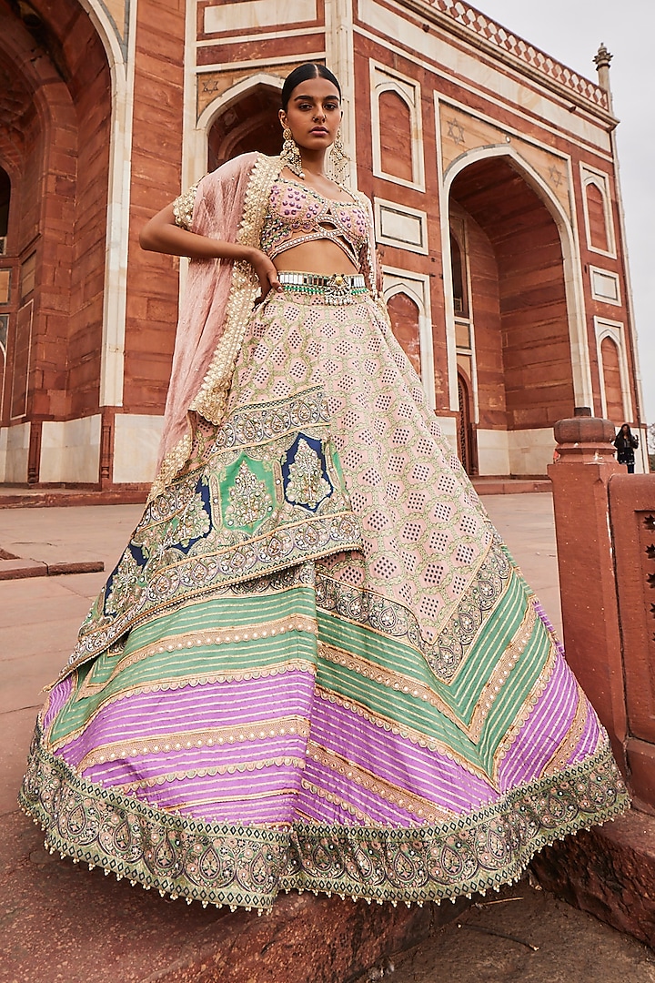 Multi-Colored Woven Silk Banarasi Lehenga Set by Aditi Gupta